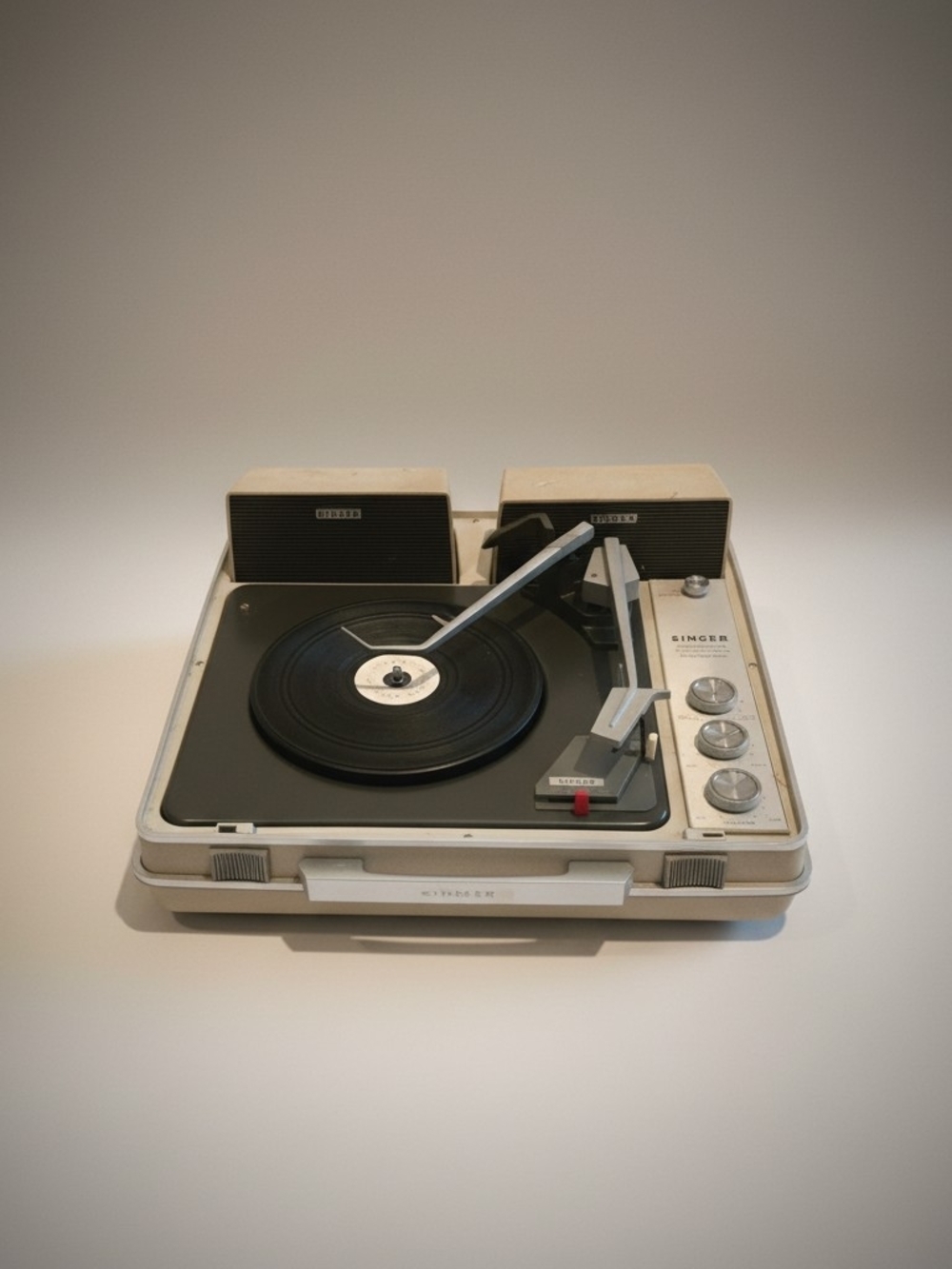 Singer Portable Turntable Record Player in Cream - With 2 Speakers & 20 Records